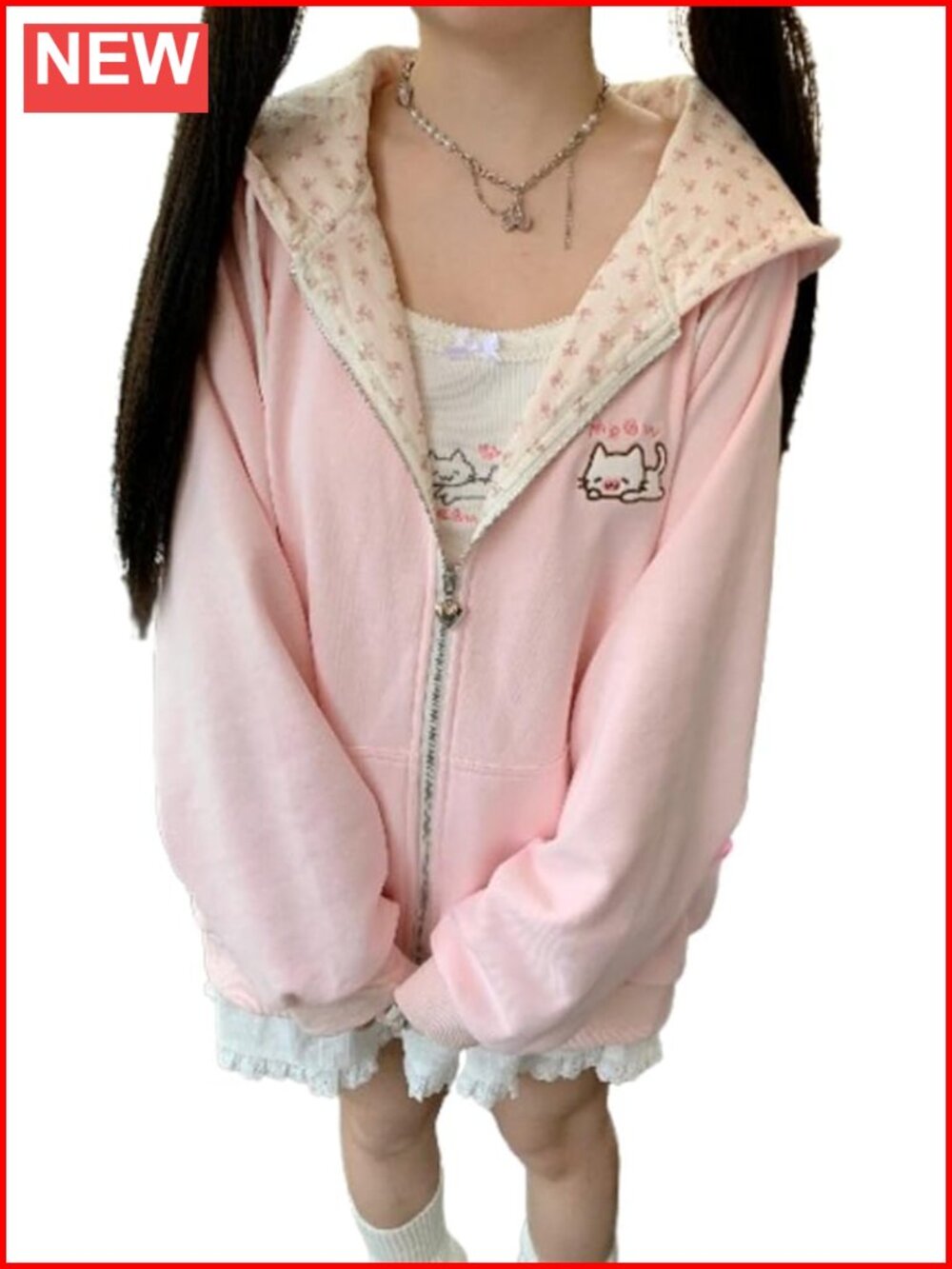 Y2K Cat Ear Zip-Up Hoodie Kawaii Harajuku Oversized